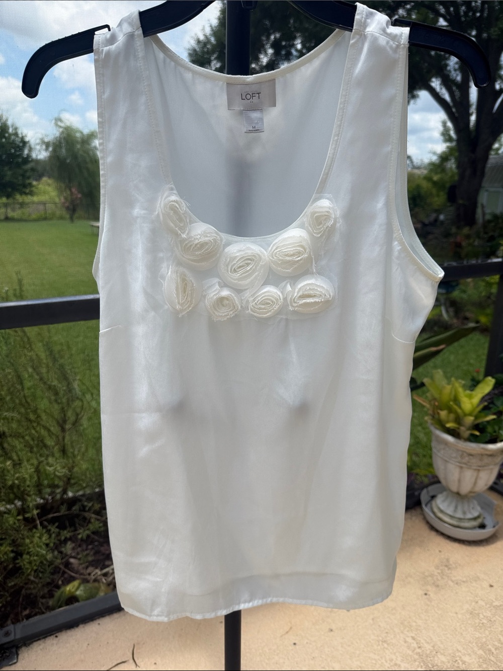 LOFT Cream Sleeveless Rosette Shell Top